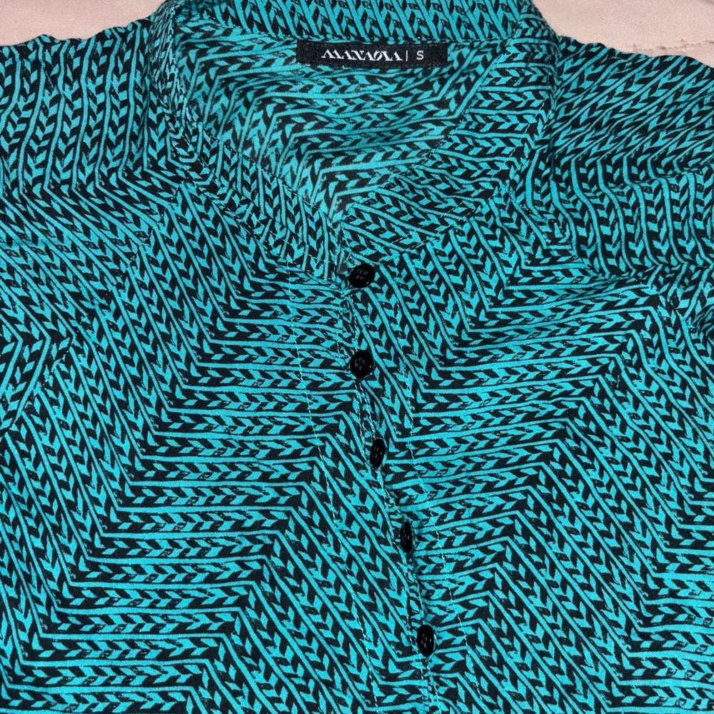 Manaola Mandarin Collar Teal Patterned Dress - Picture 2 of 4